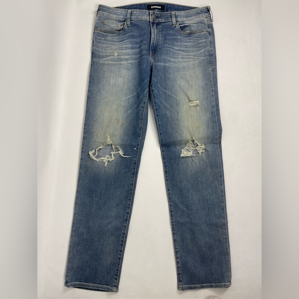 Express Hyper Stretch Distressed Slim Straight Jeans Mens 36x34 Blue - Picture 2 of 13